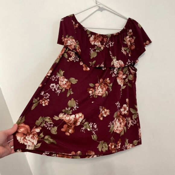 LAVISH Plus Size Burgundy Maroon Red Floral Off the Shoulder Boho Blouse JUNIORS - Picture 11 of 11